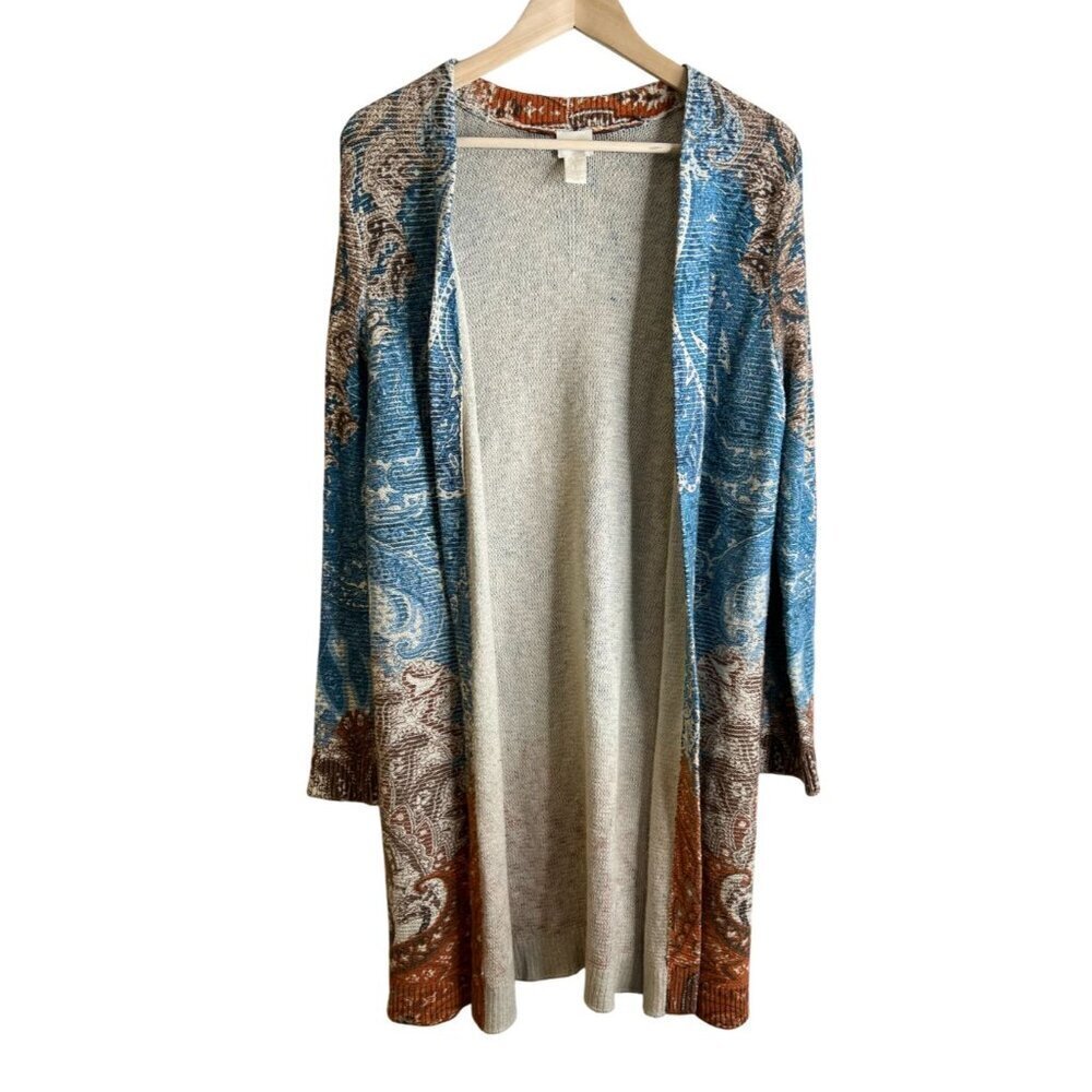 Chico’s Size 1 (M 8) Long Cardigan Sweater Paisley Blue Orange Boho Kimono Wrap